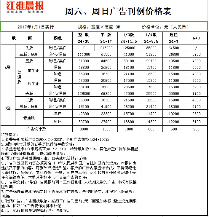 江淮晨报广告价格刊例表
