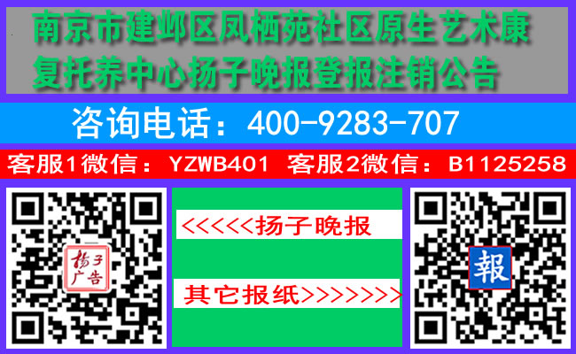 南京市建邺区凤栖苑社区原生艺术康复托养中心扬子晚报登报注销公告