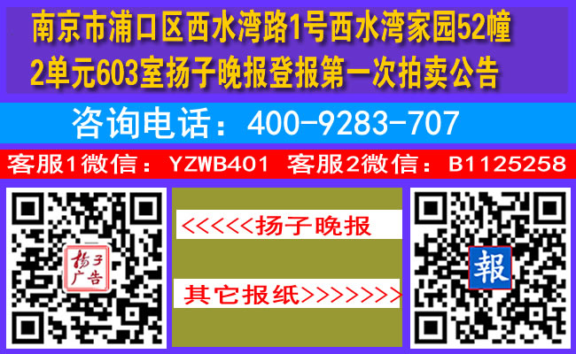 南京市浦口区西水湾路1号西水湾家园52幢2单元603室扬子晚报登报第一次拍卖公告