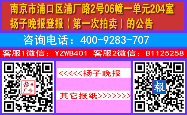 南京市浦口区浦厂路2号06幢一单元204室扬子晚报登报（第一次拍卖）的公告