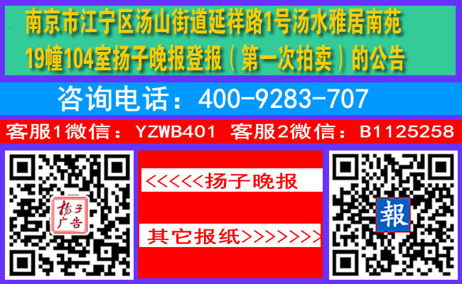 南京市江宁区汤山街道延祥路1号汤水雅居南苑19幢104室扬子晚报登报（第一次拍卖）的公告