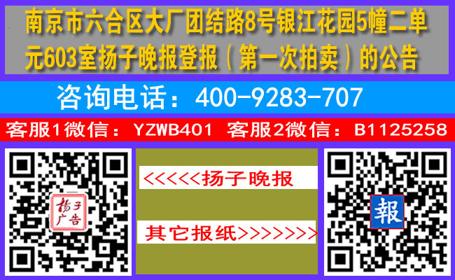 南京市六合区大厂团结路8号银江花园5幢二单元603室扬子晚报登报（第一次拍卖）的公告
