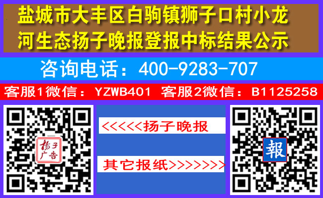 盐城市大丰区白驹镇狮子口村小龙河生态扬子晚报登报中标结果公示