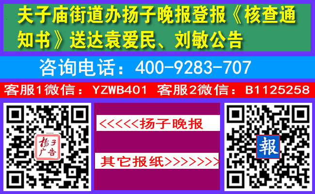 夫子庙街道办扬子晚报登报《核查通知书》送达袁爱民、刘敏公告